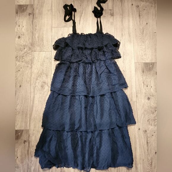 J. Crew Clip Dot Silk Blend Tie Shoulder Straps Tiered Dress Navy Blue Size 12 - Picture 2 of 7
